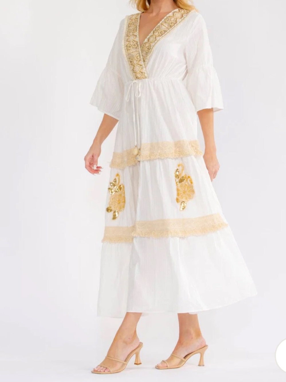 Boho womans White Maxi Dress with Gold Embroidery size S-M-L